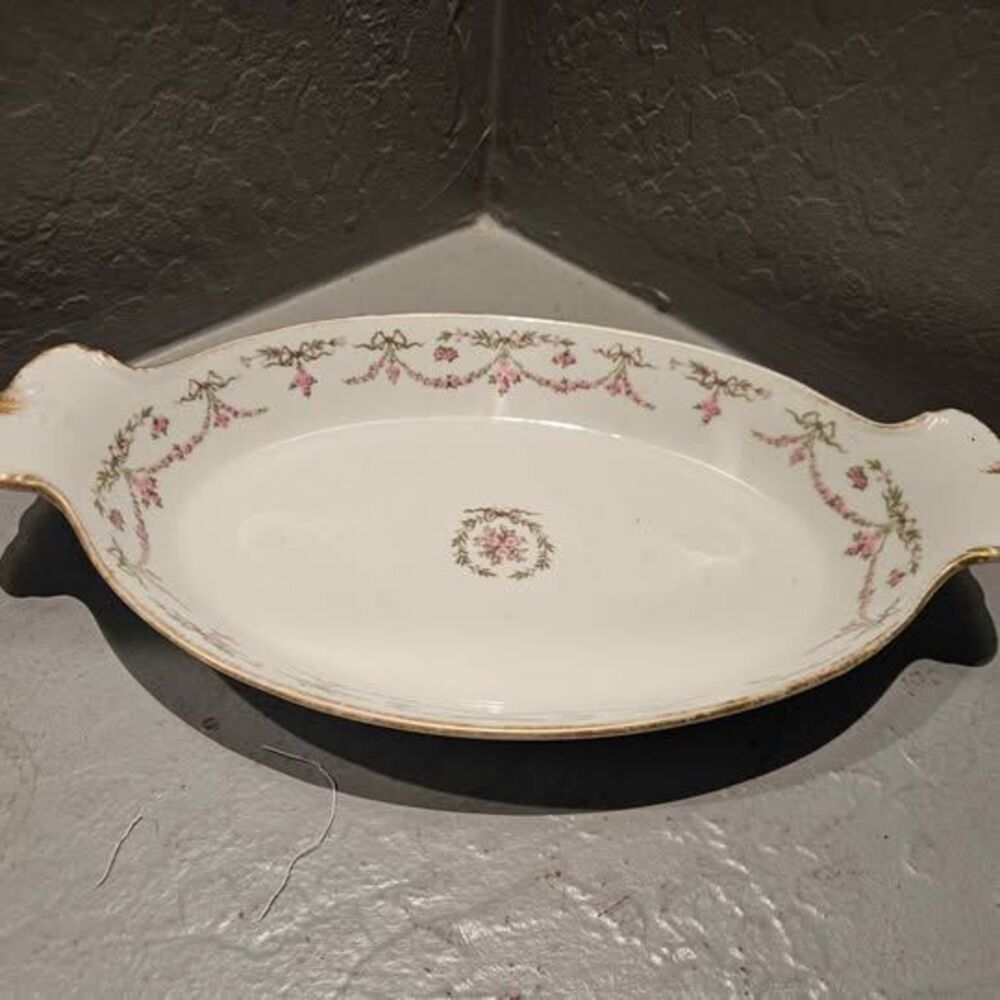 Vintage Porcelain Oval Serving Dish with Pink Floral Garland and Gold Trim
